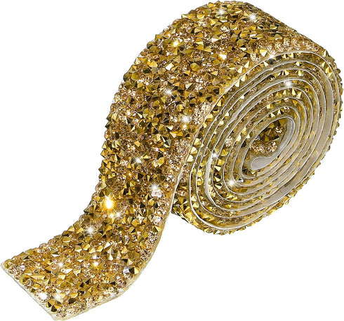 Bling Crystal Rhinestone Ribbon, DIY Self-Adhesive Rhinestone Sticker Ribbon for Wedding Cakes Birthday Crafts Decorations(Gold,1.1 Inch Wide)...