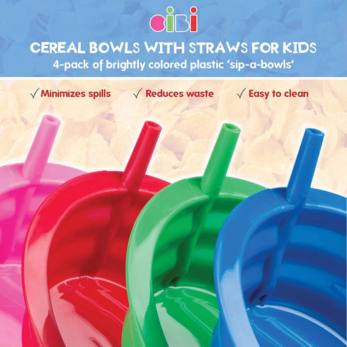 Cibi Cereal Bowls with Straws for Kids BPA-Free Plastic | Toddler Sip-A-Bowls with Built-In Straw for Cereal and Soup | Set of 4 Colorful Breakfas...