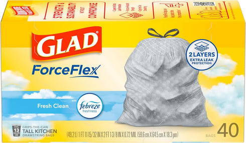 Glad Trash Bags, ForceFlex Tall Kitchen Drawstring Garbage Bags, Fresh Clean, 13 Gal, 40 Ct (Package May Vary)...