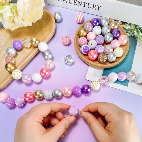 100pcs Bubblegum Beads 20mm Chunky Beads Large Gumball Rhinestone Pearl Beads with 96pcs Tiny Round Spacers, Extender Chains, Beading Wire (Pink &...