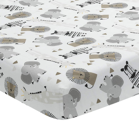 Lambs & Ivy Jungle Safari Cotton White/Gray Elephant/Lion Fitted Mini Crib Sheet...