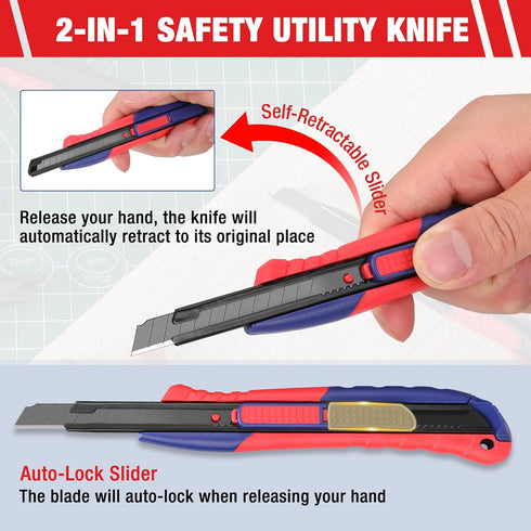 WORKPRO 2-In-1 Safety Utility Knife Retractable Snap-off blade, Metal Box Cutter Set, Razor Knife Exacto Craft Knives, with 10 Extra 9mm Blades, P...
