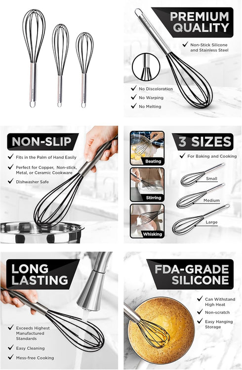 Silicone Whisk Set of 3 - Stainless Steel & Silicone Non-Stick Coating – wisking tool, Whisking, mini whisk, whisks for cooking (12-inch, 10-inch ...