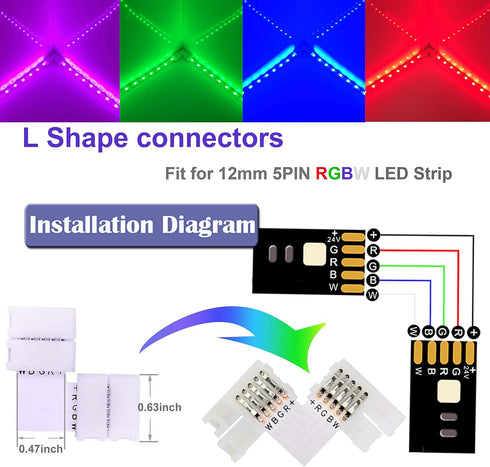 12MM 5PIN RGBW LED Strip Connector Kit with 16.4FT Extension Cable,4PCS Gapless Connectors,5 pin Male Connector Wire Cable,L-Shape Connectors,Stri...