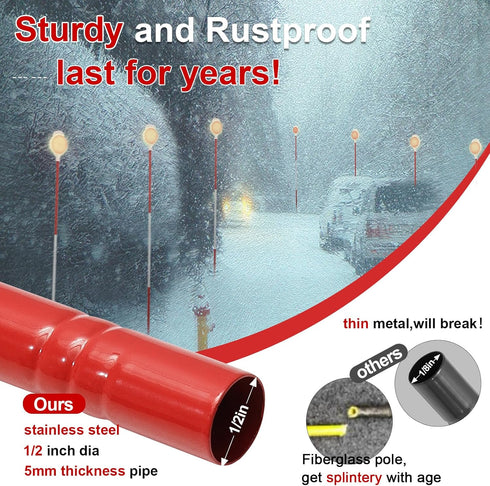 Reflective Driveway Markers - 50”High Visiblility Driveway Reflectors Double Sided with Red & White Extra Thick Stainless Steel Pole - Rustproof f...