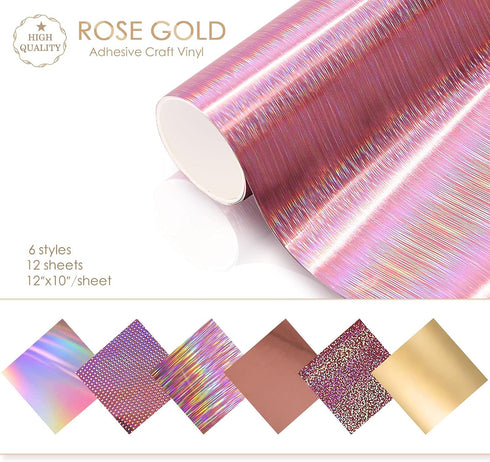 MJartoria Rose Gold Holographic Vinyl Bundle 12 Sheets, 12'' x10'' Glitter Permanent Craft Adhesive Vinyl, for Cups Glass Mirrors Mugs Decals Sign...