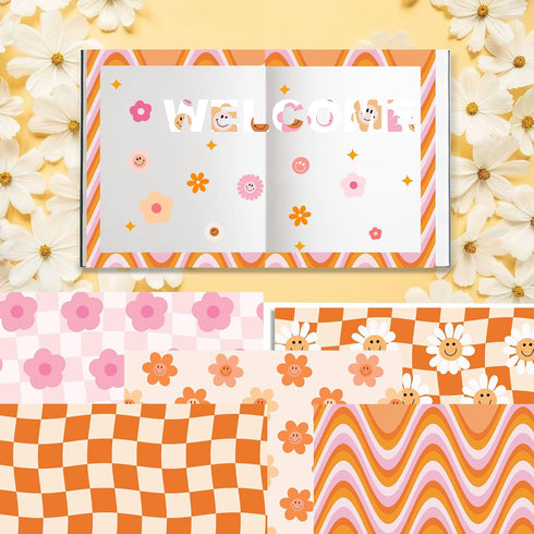 Boho Daisy Face Checkered Gift Scrapbook Paper Pad - 24 Pcs Retro Groovy Checkered Decorative Craft Double-Sided Decopodge Cardstock for DIY Decor...