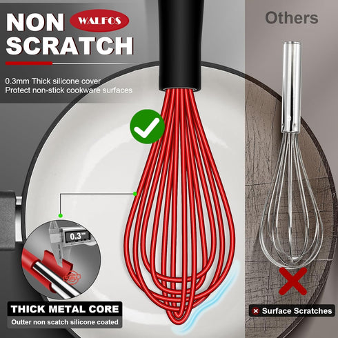 Walfos Whisk,Whisks for Cooking Non Scratch.Silicone Whisk Set of 4 Kitchen Wisk-11in Flat wisk and 7+9+11in Balloon Whisk.Nice for Mixing,Whiskin...