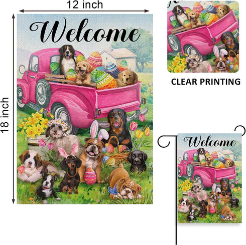 Home Decorative Welcome Easter Eggs Pink Truck Dog Garden Flag, Country Puppy House Yard Daffodil Tulip Daisy Flowers Outside Decoration, Spring F...