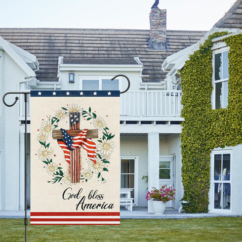 God Bless America 4th of July Garden Flag 12x18 Inch Double Sided, Patriotic Religious Cross Yard Flags Independence Day Daisy Flower Yard Banner ...