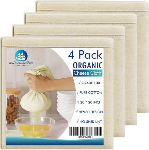 4 PCS Reusable Cheesecloth, Grade 100, 20x20 Inch Hemmed Organic Cheese Cloth for Straining Craft, 100% Cotton Unbleached Cloth Strainer for Cooki...