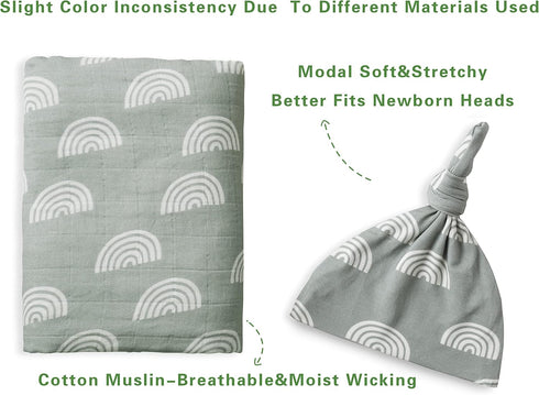 Miaoberry 100% Organic Cotton Muslin Blanket| Sage Green Rainbow Baby Swaddle Set| Newborn Boy Girl Unisex Neutral| Boho Vintage Monthly Picture B...