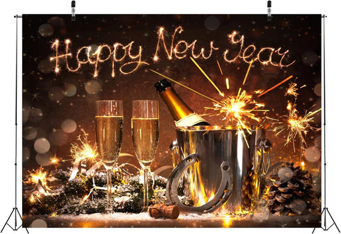BELECO 5x3ft Fabric Happy New Year Backdrop 2025 New Years Eve Backdrops New Year Party Decorations Banner Lucky Horseshoe Champagne Fireworks Bok...