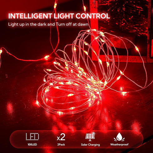 2 Pack 100 LED Solar Red String Lights,33ft Solar Halloween Lights Outdoor,8 Modes Waterproof Red Solar Fairy Lights for Christmas Tree Party Wedd...
