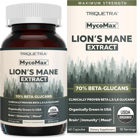 MycoMax Lions Mane Supplement - 70% Beta Glucans, Max Potency Organic Lions Mane Extract, US Grown + Ultrasonic Extraction - 500 mg serving - Supp...