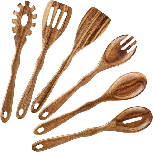 Acacia Wood Spoons for Cooking - 6 Piece Non Stick Wooden Spoon Set - with Slotted Spoon, Salad Fork, Spatula, Pasta Server-Natural Wood Kitchen U...