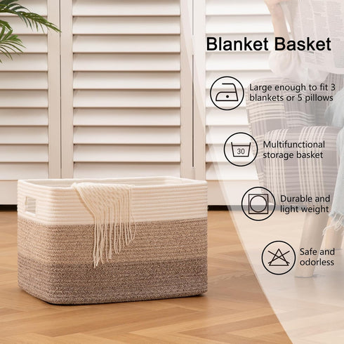OIAHOMY Cotton Rope Basket, Rectangle Woven Baskets for Storage, Nursery Blanket Basket Living Room, Toy Basket With Handle, Baskets for Organizin...