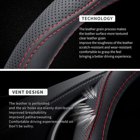 Microfiber Leather 15" Universal Fit Car Steering Wheel Cover, Elastic Breathable and Odorless, Black with Red Accent...