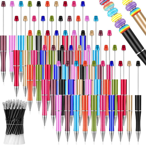 Crtiin 50 Pieces Plastic Beadable Pen Bulk Bead Ballpoint Pen Shaft Black Ink Beaded Pens with 50 Refills for DIY Making Gift Kids Students Office...