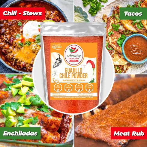 Guajillo Chile Powder Ground (4oz) – Natural and Premium. Great For Chili, Sauces, Stews, Salsa, Meat Rubs, Enchiladas, Mole and Tamales. Tangy Sp...