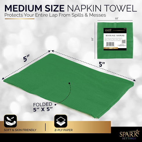 100 Pack Green Beverage Napkins, Big Party Pack, 2 Ply, Ideal for Wedding, Party, Birthday, Dinner, Lunch, Cocktails. (5” x 5”) by Amcrate...
