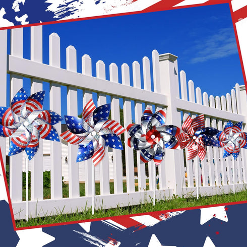 12 Pieces 7 Inch Reflective Pinwheels Patriotic Pinwheel American Flag Pattern Pinwheel for Celebrating Independence Day, Patriotic Decorations fo...