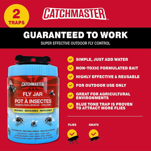 Catchmaster Reusable Fly Traps Outdoor Jar 2-Pack, Bug Catcher and Flying Insect Trap with Food-Based Lure for Pest Control, Pet Safe, Non Toxic B...