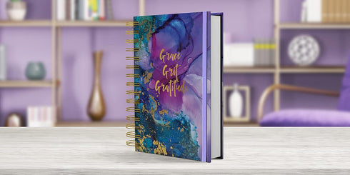 Designer Greetings, Designer Papers Flex Cover Journal with Elastic Band, “Grace, Grit, Gratitude” Purple and Blue Marble - 320 Pages (6” x 8.25”)...