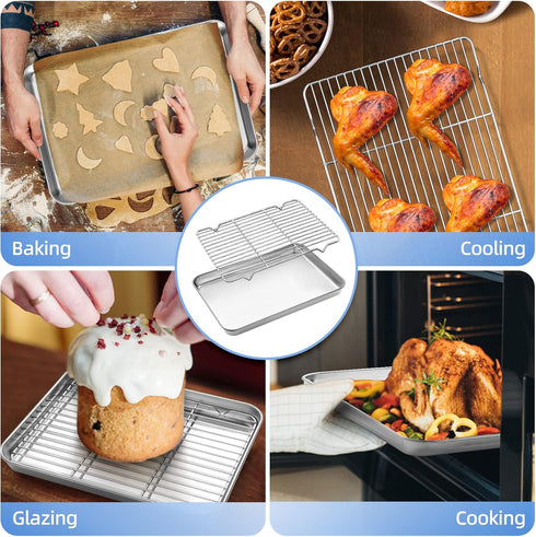 Baking Sheet with Cooling Rack (1 Cookie Sheet + 1 Baking Rack), Stainless Steel Small Baking Sheet Pan with Wire Rack, Toaster Oven Pans Size 10....