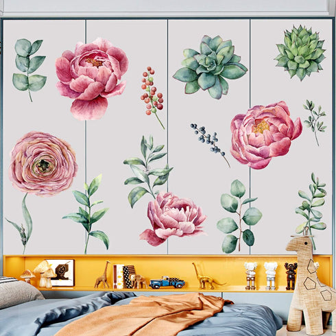 Amaonm Removable 3D Beautiful Pink Red Peony Flowers with Green Plants Leaf Wall Decal Wall Stickers DIY Peel and Stick Art Decor for Kids Girls B...
