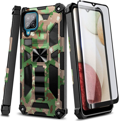 NZND Designed for Samsung Galaxy A12 Phone Case with Tempered Glass Screen Protector (Full Coverage), Full-Body Protective Shockproof [Military-Gr...