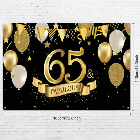 65th Birthday Black Gold Party Decoration, Large Fabric Black Gold Sign Poster for 65th Anniversary Backdrop Banner, 65th Birthday Party Supply Ph...