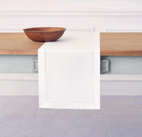 Solino Home Cotton Linen White Table Runner 72 Inches Long - Hemstitch Table Runner 14 x 72 Inch for Dresser, Dining, Summer, Fall, Halloween...