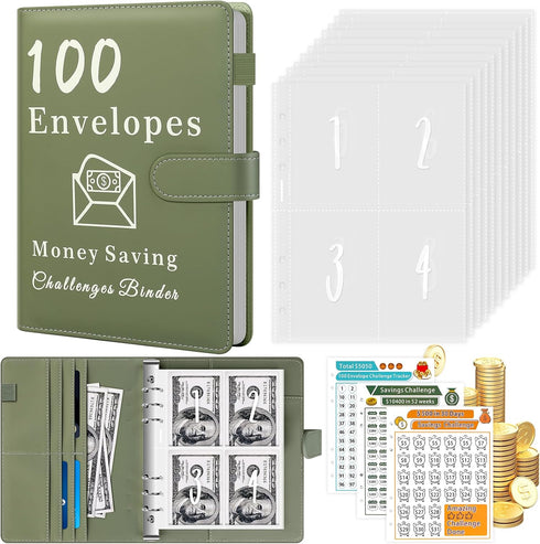 Huhuhero 100 Envelopes Money Saving Challenge, A5 Budget Binder with Cash Envelopes & 3 Budgeting Planner Trackers to Save $5,050, 10,400, 500, Mo...