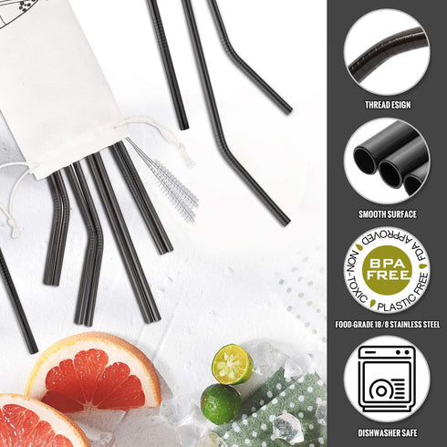 Hiware 12-Pack Black Stainless Steel Straws Reusable with Case - Metal Drinking Straws for 30oz and 20oz Tumblers Dishwasher Safe, 2 Cleaning Brus...