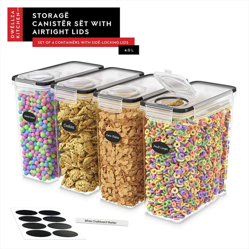 DWËLLZA KITCHEN Cereal Containers Storage 4 Pack 135 fl. oz Cereal Dispenser Airtight Food Storage Containers BPA-Free Pantry Organization and Sto...