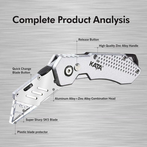 KATA 3-Pack Heavy Duty Box Cutter Folding Utility Knife With Zinc Alloy Body, Quick Change Blades, Lock-Back Design, Extra 12pc Blades For Cartons...