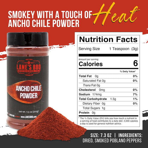 Lane's Ancho Chile Powder Spice, All-Natural Ancho Chili Powder Seasoning with Sweet & Smoky Ancho Chiles Flavor, No Preservatives Made in USA, 7....