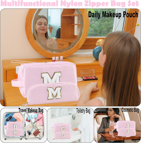 Makeup Bag Set 2pcs Spring Break Essentials Monogram Initial Cosmetic Bag Set Womens Toiletry Bag Nylon Skincare Bag With Portable Handle and Pock...
