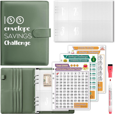 100 Envelopes Money Saving Challenge, A5 Savings Challenges Book Budget Binder with Cash Envelopes Erasable Tracker, Easy and Fun Way to Save $500...
