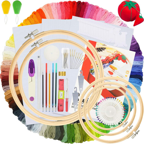 Similane Embroidery Kit 215 Pcs,100 Colors Threads,5 Pcs Embroidery Hoops,3 Pcs Aida Cloth,40 Sewing Pins,Cross Stitch Tools and Embroidery Starte...