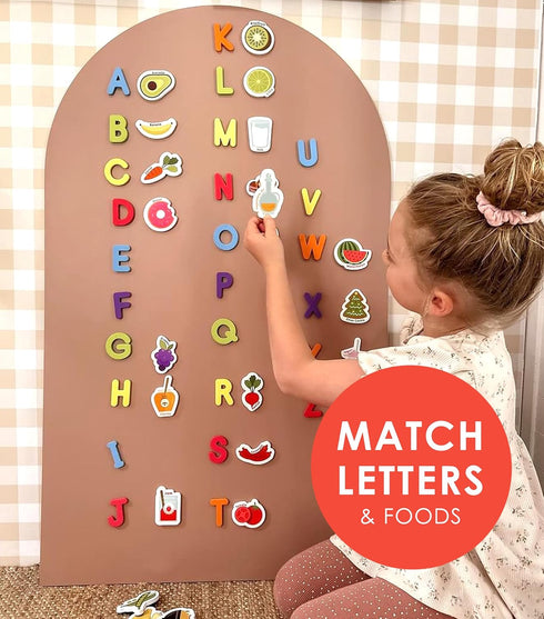 Curious Columbus Toddler Magnets – Set of 52 Fridge Magnets for Kids – Includes 26 Large Foam Food Pieces and 26 ABC Alphabet Letters for Learning...