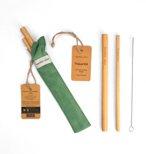 Bamboo Straw travel kit - MOVE Line by Bamboo Step: 2 Reusable Straws of 20cm/7.9" and a cleaning brush is a minimalist fabric pouch (Color Pink F...
