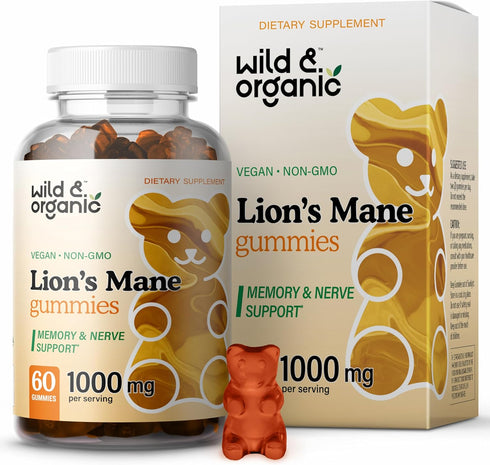Wild & Organic Lion's Mane Gummies 1000mg - Natural, Vegan Hericium Erinaceus Mushroom Supplement - Brain Health, Focus, Immune, Antioxidant Suppo...