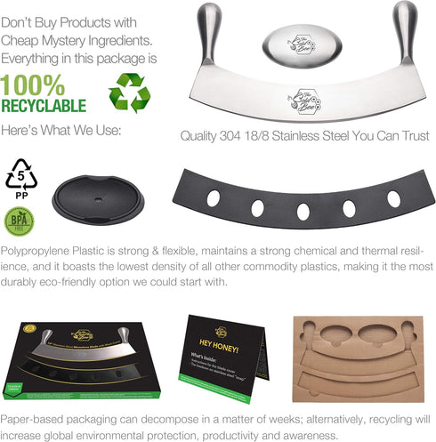 12" Stainless Steel Mezzaluna Knife & Cover + FREE Stainless Steel Soap Odor Remover | Pizza Cutter | Fruit, Vegetable & Salad Chopper & Dicer | H...