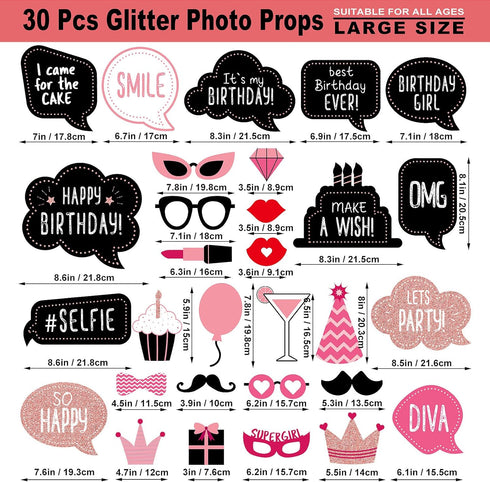 Birthday Photo Booth Props Kit - Happy Birthday Party Favors Supplies Bday Party Decoration Set with Real Glitter Cute Bday Designs for Women - Ea...