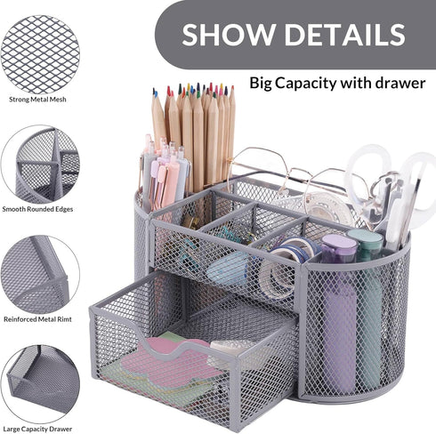 Desk Organizer and Accessories, Grey Desk Organizer with Drawer, Desktop Mesh Pencil Pen Holder with 8 Compartments for Office, Home, School, Clas...