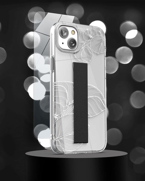 ENCASED Finger Loop Case Designed for iPhone 14 with Strap Grip and Screen Protector (Clear/White Lace Leaf)...