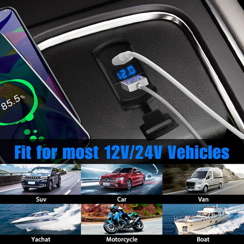 USB Rocker Switch Outlet, Linkstyle QC 3.0 USB-A Port, USB C Port and Voltage Meter with Blue LED Digital Display, Waterproof 12V 24V Rocker Switc...
