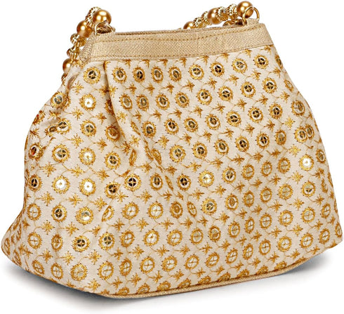 Potli Bags for Women Embroidered Evening Purses with Gold Pearl Handle, Indian Women Potli Bags for Wedding...